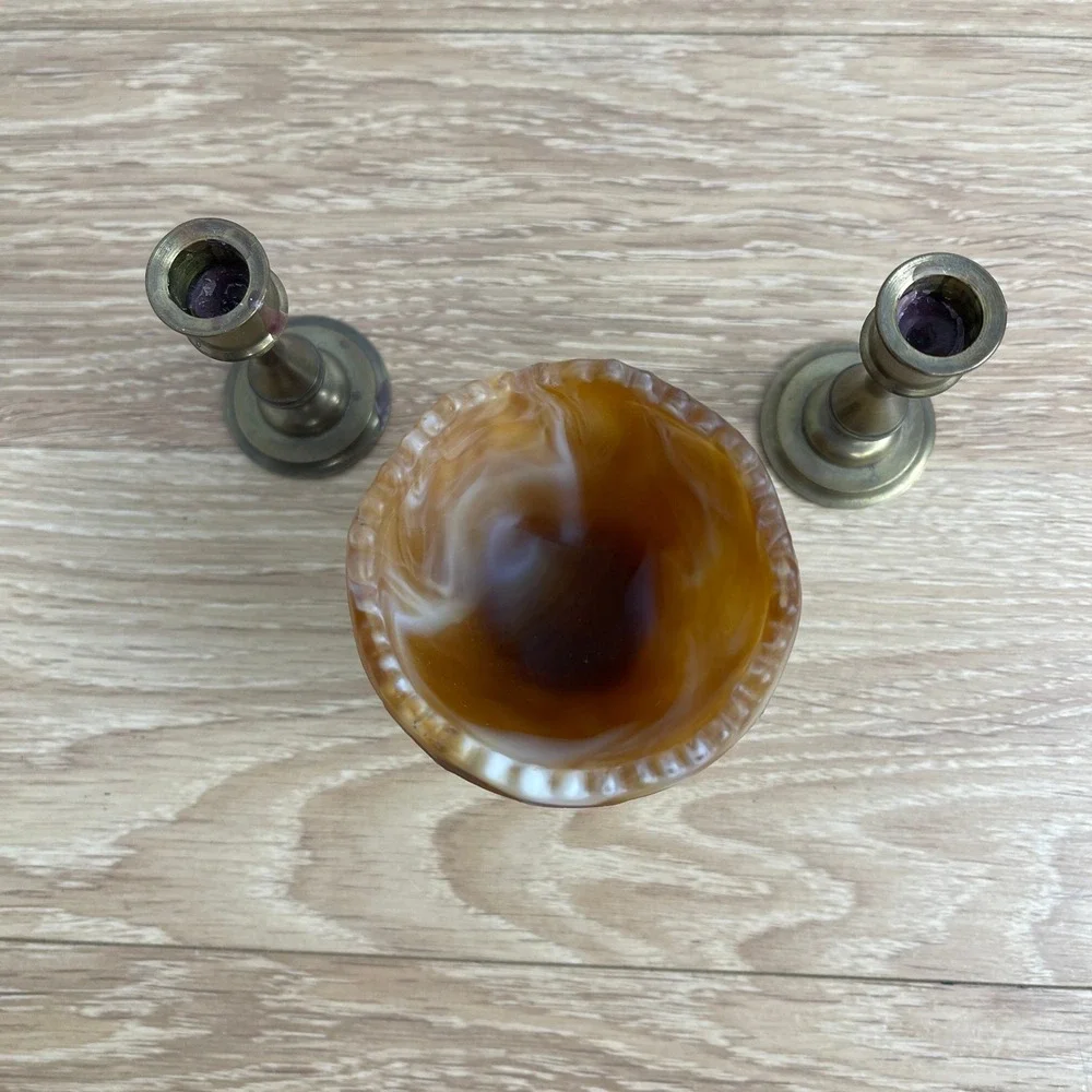 Vintage Denmark Brass Candlestick Pair and Caramel Slag Glass Toothpick Holder